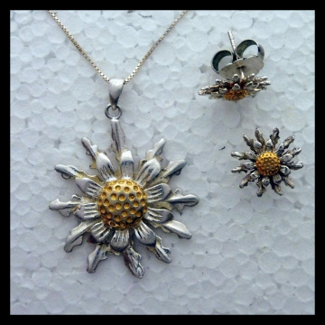 EGUZKILORE Amuleto protector flor del sol Colgante, cadena y pendientes en plata.